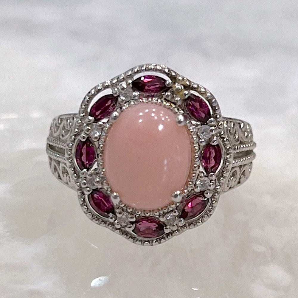 Peruvian Pink Opal Multigemstone Sterling Silver Floral Ring Sz 8